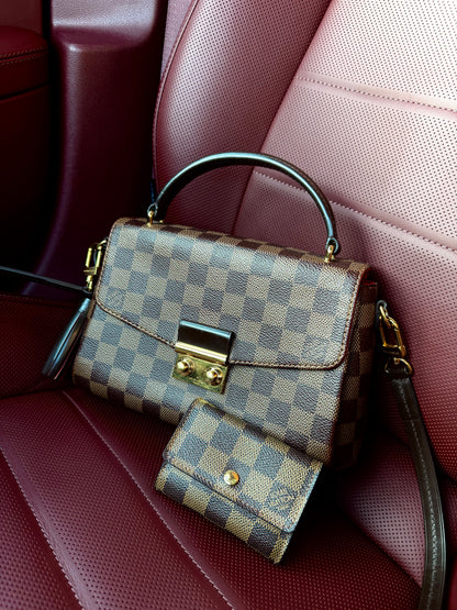 Nika Privé — Louis Vuitton Compact Wallet in Damier Ebene Canvas, brown checkered leather wallet and Louis Vuitton Croisette in Damier Ebene Canvas